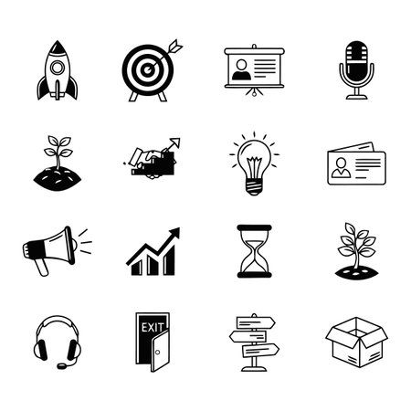 A set of simple, hand-drawn icons illustrating various business concepts like growth, ideas, and communication.のイラスト素材