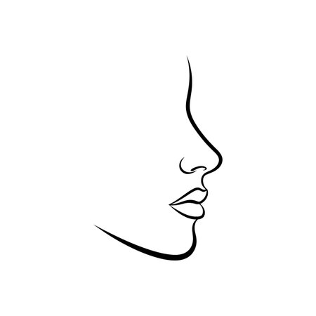 Aesthetic minimalist line art of a woman's elegant profile, highlighting the graceful contours of her nose, lips, and chin.のイラスト素材