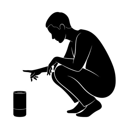Crouching man silhouette interacting with smart speaker voice assistant, minimal black and white vector illustrationのイラスト素材