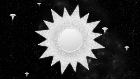 Techno sci-fi sun space station rotates on stars background 3d