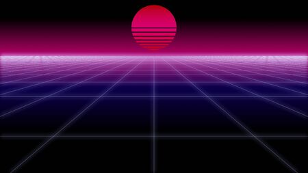 synthwave net and sun Retro Background 3d renderの写真素材