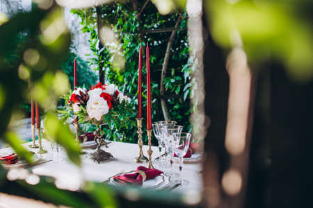Family dinner table concept. The view from behind the green bushes.