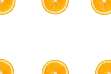Colorful fruit pattern of fresh orange or lemon slices in the corners on white isolated background....