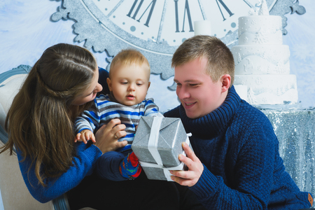 Christmas Family Portrait In Home Holiday Living Room. House Decorating By Xmas Tree.の写真素材