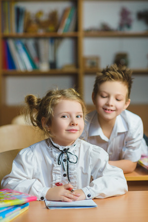 Children learning and doing homework in school classroomの写真素材