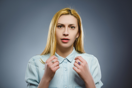 Closeup sad woman with worried stressed face expressionの写真素材