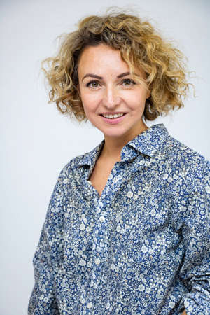 Beautiful woman in a shirt, smile, happy, cheerful, laughing, emotion of happiness, close-up...