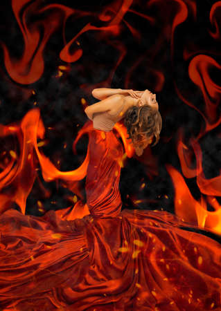 beautiful girl in a red dress, expresses the emotion of passion, love, calmness.