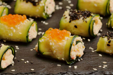 Cucumber rolls, vegetarian food, delicious and healthy breakfastの写真素材