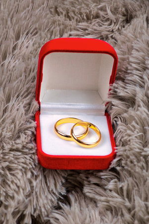 Wedding rings in a red box on a sheepskin backgroundの写真素材