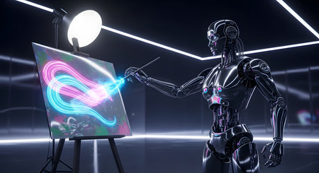 Robot creates art. Ai black futuristic artist machine draws on canvas. Neon colors with brush in studio with lights. Cyberpunk style painting art.の素材