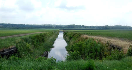 Rural farm country landscape with water canalの写真素材