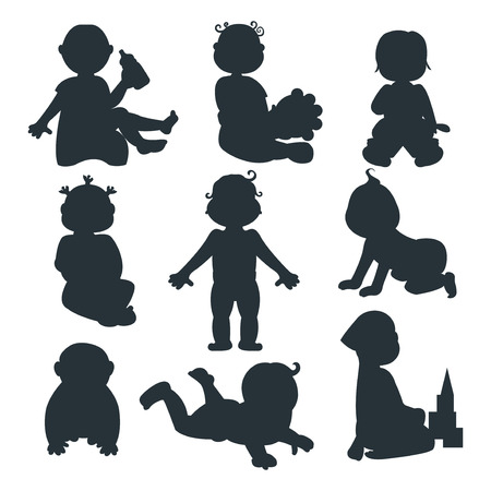 Collection of kids with different silhouette isolated on white background. Baby expression cheerful face. Adorable beautiful little person funny vector.のイラスト素材