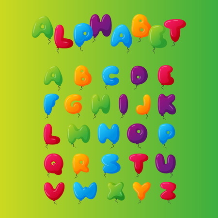 English balloon colorful alphabet on green background. Holidays and education ozone type. Greeting helium cartoon festive decoration vector illustration.のイラスト素材