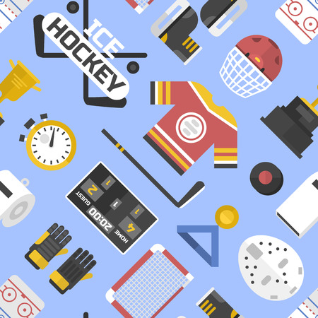 Sports seamless pattern with hockey equipment flat vector.のイラスト素材