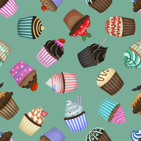 Seamless pattern with different cupcakes vector.のイラスト素材