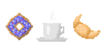 Pixel art fast drink cup and croissant vector illustration.のイラスト素材