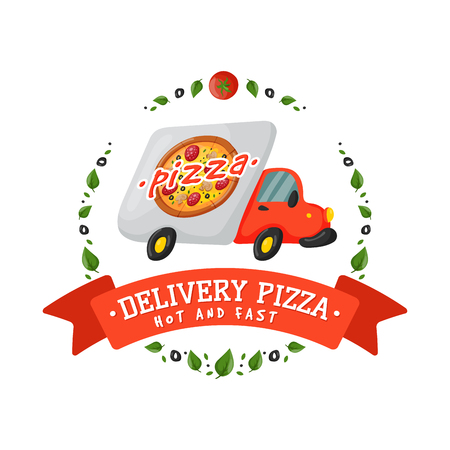 Delivery pizza car badge vector illustration.のイラスト素材