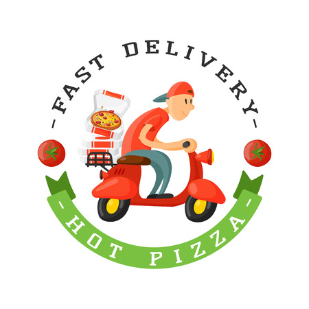 Delivery pizza badge man on scooter vector illustration.のイラスト素材