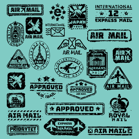 Vector set of vintage postage mail stamps.のイラスト素材