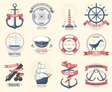 Fashion nautical logo sailing themed label or icon with ship sign anchor rope steering wheel and ribbons travel element graphic badges vector illustration.のイラスト素材