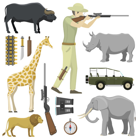 Cartoon hunter aiming rifle africa shotgun with compass, rifle, binoculars and jeep car and explorer pursuit hunting sport target icons vector illustration. Activity aim character adventure tourism.のイラスト素材