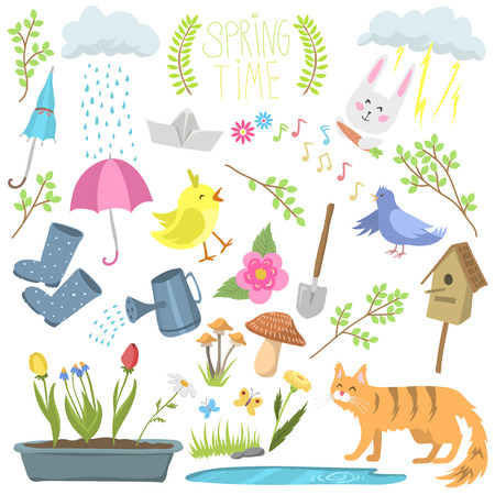 Spring natural floral symbols with blossom gardening tools beauty design and nature grass season branch springtime hand drawn elements vector illustration.のイラスト素材