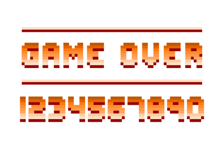 Pixel retro font video computer game design 8 bit letters and numbers electronic futuristic style. Vector abc typeface digital creative numbers.のイラスト素材