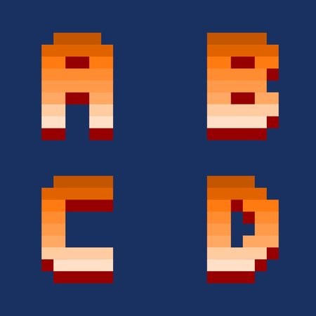 Pixel retro font video computer game design 8 bit letters and numbers electronic futuristic style. Vector abc typeface digital creative alphabet.のイラスト素材