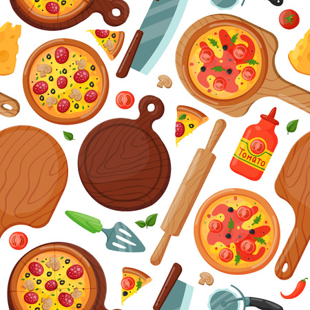 Hot fresh pizza banner seamless pattern icon food and drink element typographic design label.のイラスト素材