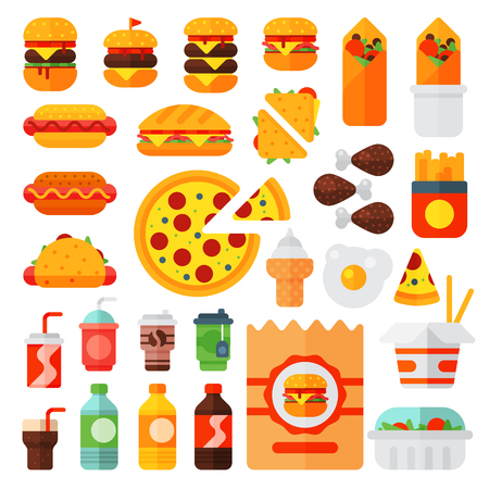 Set of colorful cartoon fast food icons isolated restaurant tasty american cheeseburger meat and unhealthy burger meal vector illustration.のイラスト素材