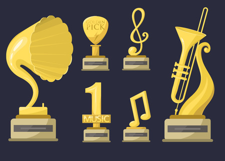 Gold rock star trophy music notes best entertainment win achievement clef and sound shiny golden yellow melody success prize pedestal victory vector illustration.のイラスト素材