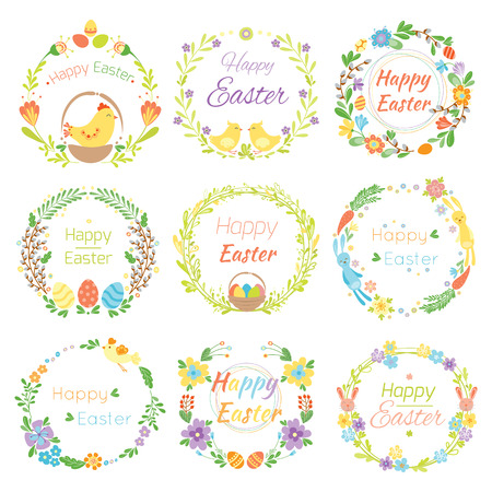 Happy easter hand drawn badge with hand lettering greeting decoration element and natural wreath handmade style vintage symbol spring flower vector illustration.のイラスト素材