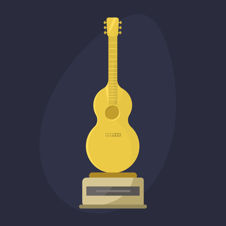 Gold rock star trophy music notes best entertainment win achievement clef and sound shiny golden melody success prize pedestal victory guitar vector illustration.のイラスト素材