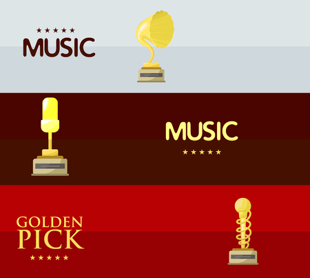 Gold rock star trophy music notes best entertainment win achievement clef and sound shiny golden melody success prize pedestal victory banner vector illustration.のイラスト素材