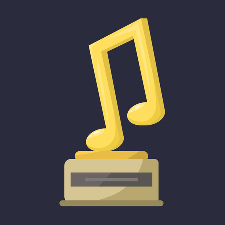 Gold rock star trophy music notes best entertainment win achievement clef and sound shiny golden melody success prize pedestal victory vector illustration.のイラスト素材