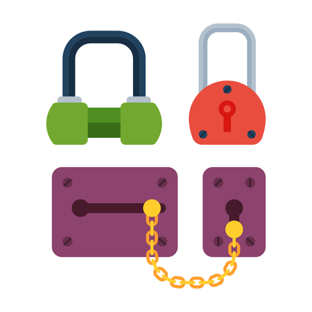 Different house door lock icons set vector safety password privacy element with key and padlock, protection security keyhole.のイラスト素材