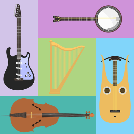 Set of stringed musical instruments classical orchestra art sound tool and acoustic symphony stringed fiddle wooden equipment vector illustrationのイラスト素材