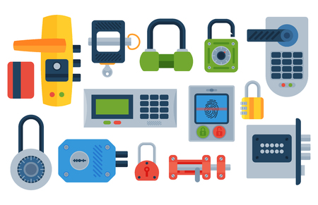 Different house door lock icons set vector safety password privacy element with key and padlock, protection security keyhole vector illustration.のイラスト素材