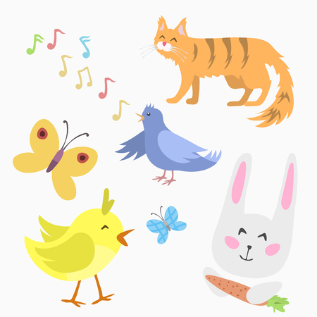 Spring natural floral symbols with blossom gardening tools beauty design and nature grass season branch springtime hand drawn elements vector illustration. Birds and animals outdoor concept.のイラスト素材