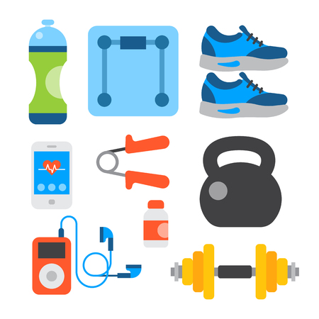 Flat icons set of fitness sport equipment and healthy lifestyle exercise supplements well-being body modern design style vector icons collection.のイラスト素材