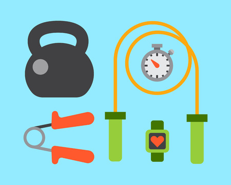 Flat icons set of fitness sport equipment and healthy lifestyle exercise supplements well-being body modern design style vector icons collection.のイラスト素材
