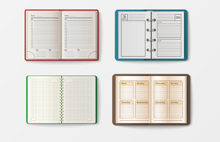 Set of open realistic notebooks with pages diary office sheet template booklet and blank paper education copybook organizer vector illustration.のイラスト素材