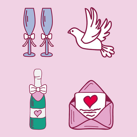 Wedding couple relationship marriage nuptial icons design ceremony celebration and holliday folk icons beauty hand drawn family pink vector illustration.のイラスト素材