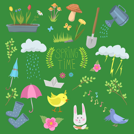 Spring natural floral symbols with blossom gardening tools beauty design and nature grass season branch springtime hand drawn elements vector illustration.のイラスト素材
