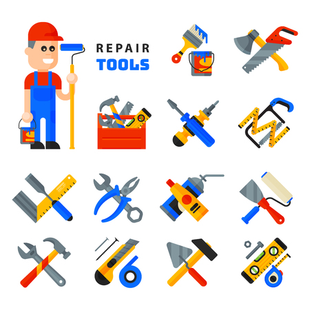 Home repair tools icons working construction equipment set and service worker macter man character flat style isolated on white background vector illustration.のイラスト素材