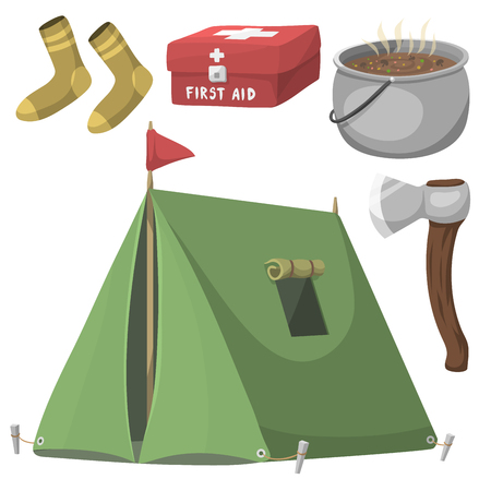 Hiking camping equipment base camp gear and accessories outdoor cartoon travel vector illustration.のイラスト素材