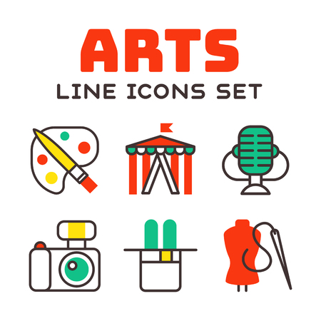 Set of art icons in flat design camera picture brush palette entertainment symbols and artist ink graphic color creativity movie collection vector illustration.のイラスト素材