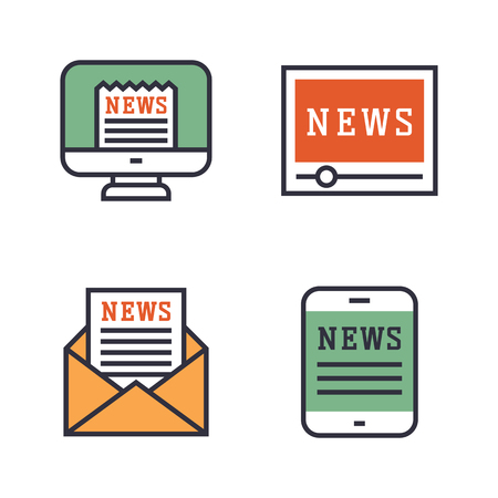 Journalism media hot tv news outline black communication and chat information online red icons communicate set microphone global vector illustration.のイラスト素材