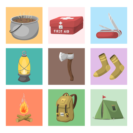 Hiking camping equipment base camp gear and accessories outdoor cartoon travel vector illustration.のイラスト素材